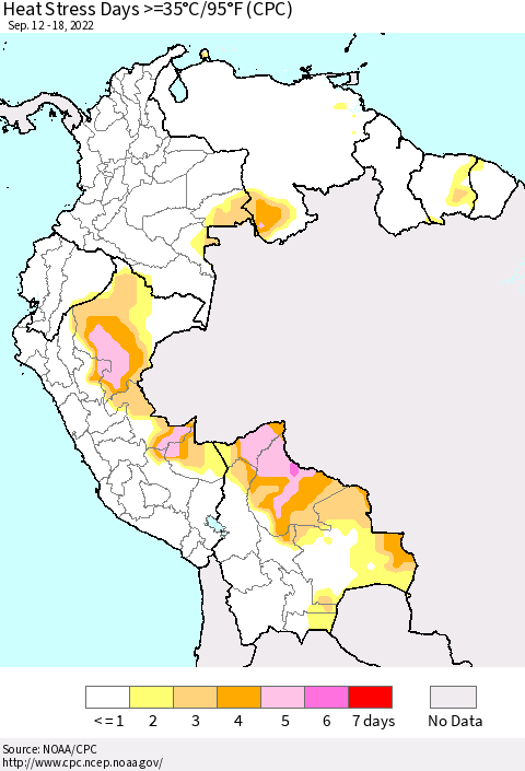 Northern South America Heat Stress Days >=35°C/95°F (CPC) Thematic Map For 9/12/2022 - 9/18/2022