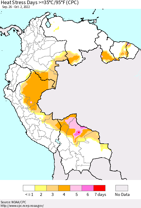 Northern South America Heat Stress Days >=35°C/95°F (CPC) Thematic Map For 9/26/2022 - 10/2/2022