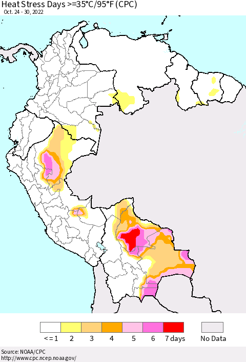 Northern South America Heat Stress Days >=35°C/95°F (CPC) Thematic Map For 10/24/2022 - 10/30/2022