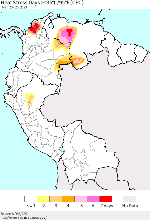 Northern South America Heat Stress Days >=35°C/95°F (CPC) Thematic Map For 3/20/2023 - 3/26/2023