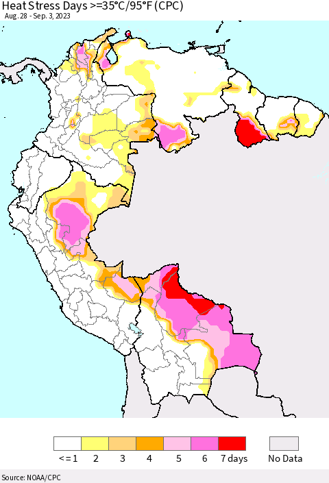 Northern South America Heat Stress Days >=35°C/95°F (CPC) Thematic Map For 8/28/2023 - 9/3/2023