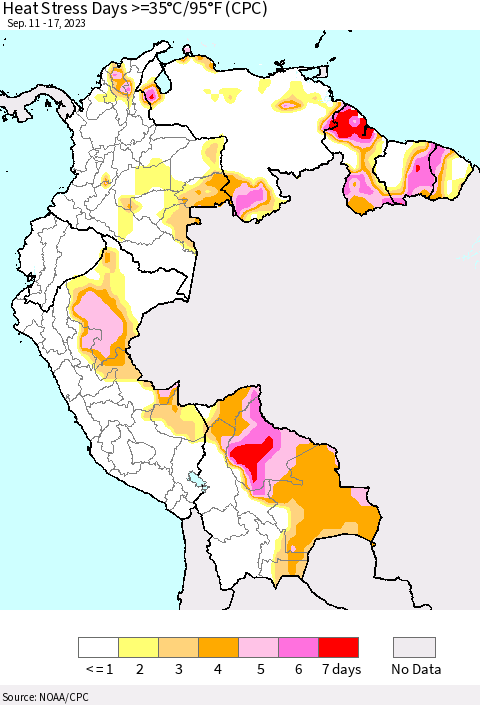 Northern South America Heat Stress Days >=35°C/95°F (CPC) Thematic Map For 9/11/2023 - 9/17/2023