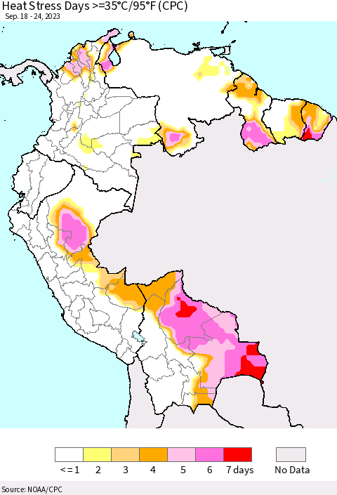 Northern South America Heat Stress Days >=35°C/95°F (CPC) Thematic Map For 9/18/2023 - 9/24/2023