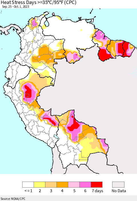 Northern South America Heat Stress Days >=35°C/95°F (CPC) Thematic Map For 9/25/2023 - 10/1/2023