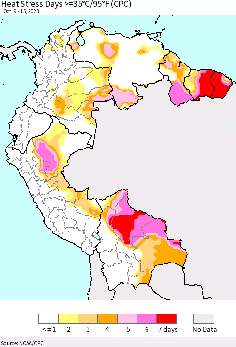 Northern South America Heat Stress Days >=35°C/95°F (CPC) Thematic Map For 10/9/2023 - 10/15/2023