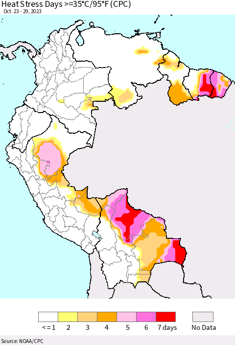 Northern South America Heat Stress Days >=35°C/95°F (CPC) Thematic Map For 10/23/2023 - 10/29/2023