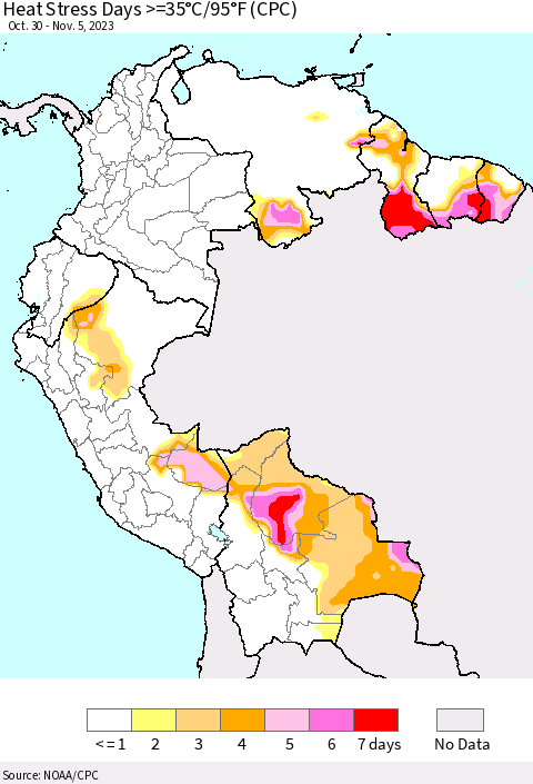 Northern South America Heat Stress Days >=35°C/95°F (CPC) Thematic Map For 10/30/2023 - 11/5/2023