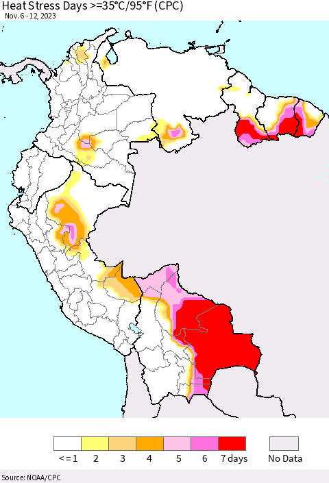 Northern South America Heat Stress Days >=35°C/95°F (CPC) Thematic Map For 11/6/2023 - 11/12/2023