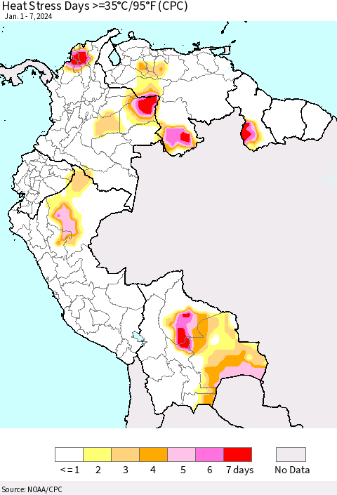Northern South America Heat Stress Days >=35°C/95°F (CPC) Thematic Map For 1/1/2024 - 1/7/2024