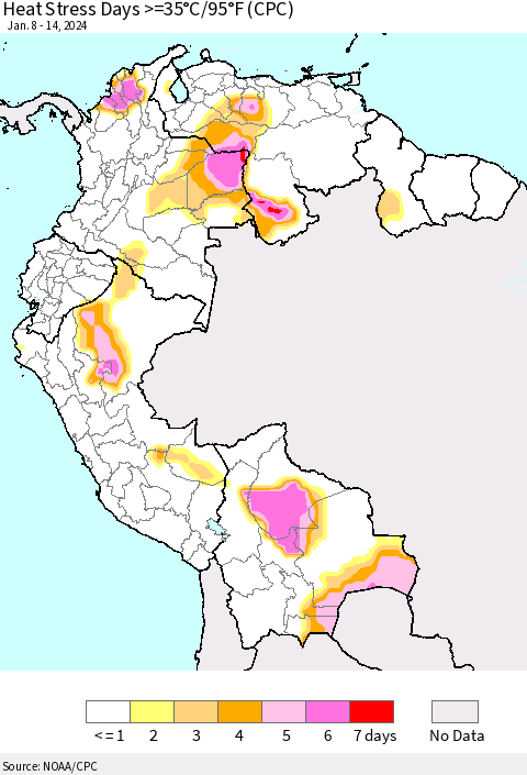 Northern South America Heat Stress Days >=35°C/95°F (CPC) Thematic Map For 1/8/2024 - 1/14/2024