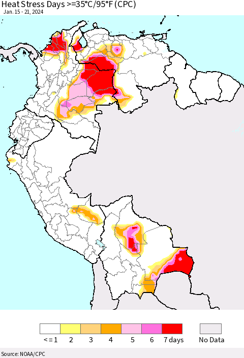 Northern South America Heat Stress Days >=35°C/95°F (CPC) Thematic Map For 1/15/2024 - 1/21/2024