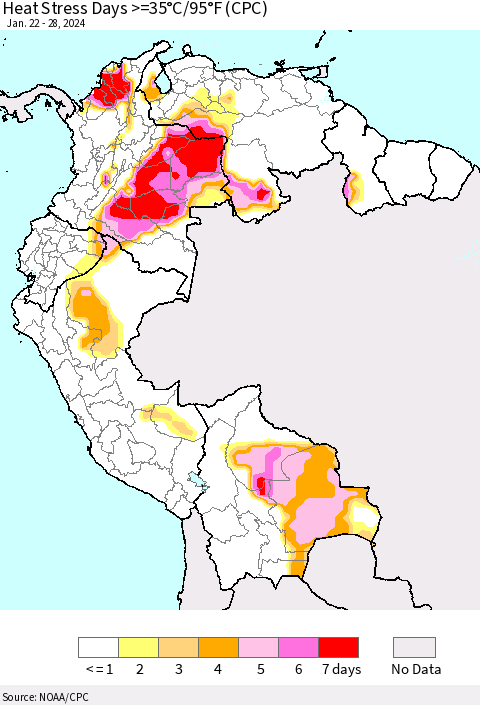 Northern South America Heat Stress Days >=35°C/95°F (CPC) Thematic Map For 1/22/2024 - 1/28/2024