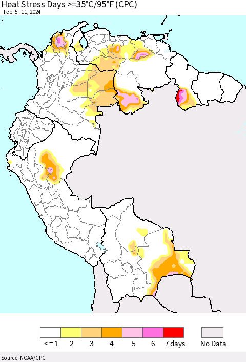 Northern South America Heat Stress Days >=35°C/95°F (CPC) Thematic Map For 2/5/2024 - 2/11/2024
