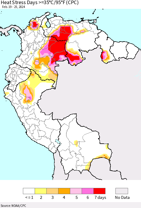 Northern South America Heat Stress Days >=35°C/95°F (CPC) Thematic Map For 2/19/2024 - 2/25/2024