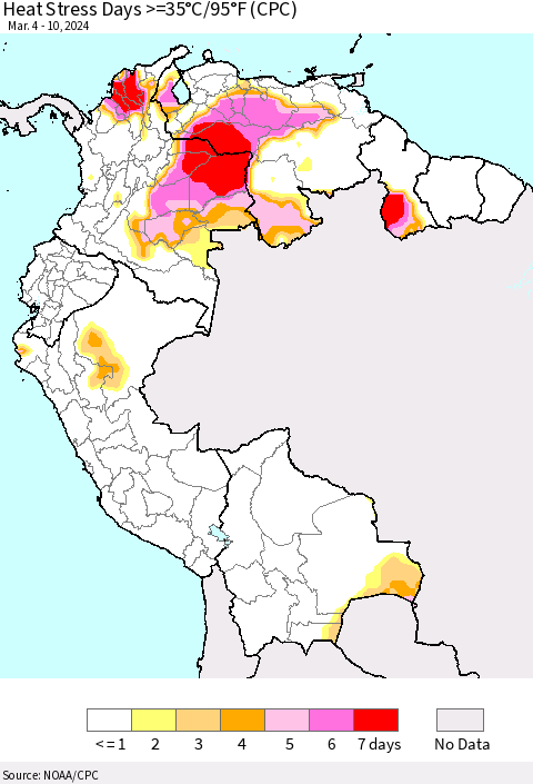 Northern South America Heat Stress Days >=35°C/95°F (CPC) Thematic Map For 3/4/2024 - 3/10/2024