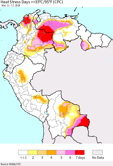 Northern South America Heat Stress Days >=35°C/95°F (CPC) Thematic Map For 3/11/2024 - 3/17/2024