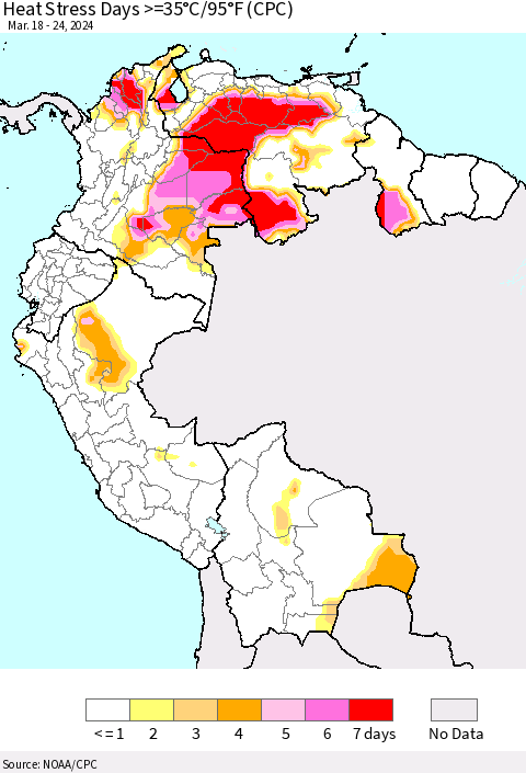 Northern South America Heat Stress Days >=35°C/95°F (CPC) Thematic Map For 3/18/2024 - 3/24/2024