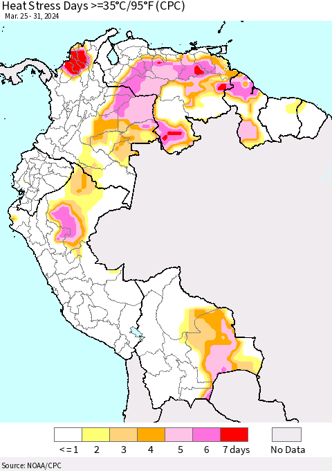 Northern South America Heat Stress Days >=35°C/95°F (CPC) Thematic Map For 3/25/2024 - 3/31/2024