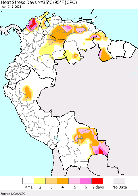 Northern South America Heat Stress Days >=35°C/95°F (CPC) Thematic Map For 4/1/2024 - 4/7/2024