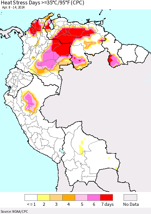 Northern South America Heat Stress Days >=35°C/95°F (CPC) Thematic Map For 4/8/2024 - 4/14/2024