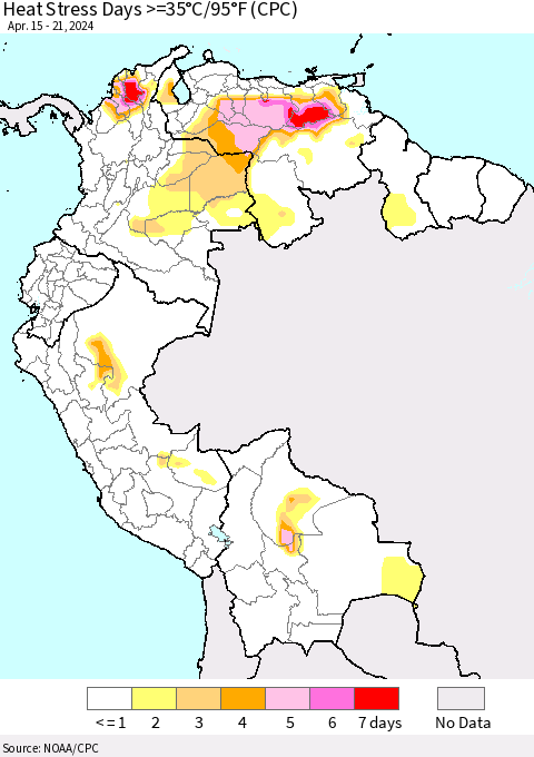 Northern South America Heat Stress Days >=35°C/95°F (CPC) Thematic Map For 4/15/2024 - 4/21/2024
