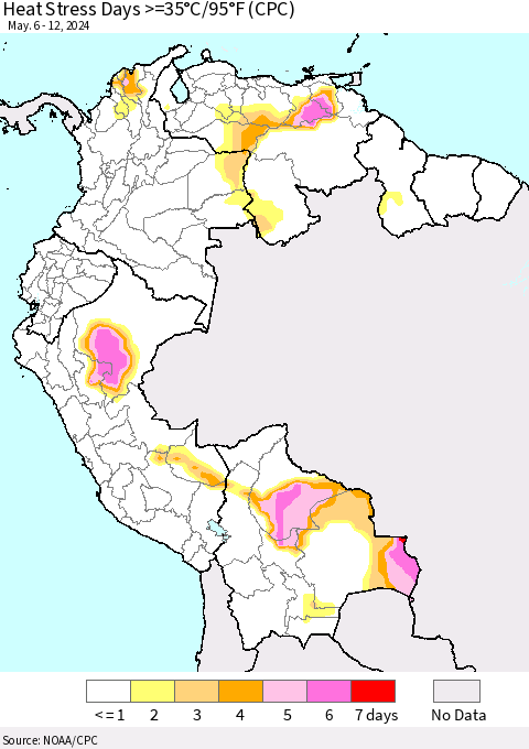 Northern South America Heat Stress Days >=35°C/95°F (CPC) Thematic Map For 5/6/2024 - 5/12/2024