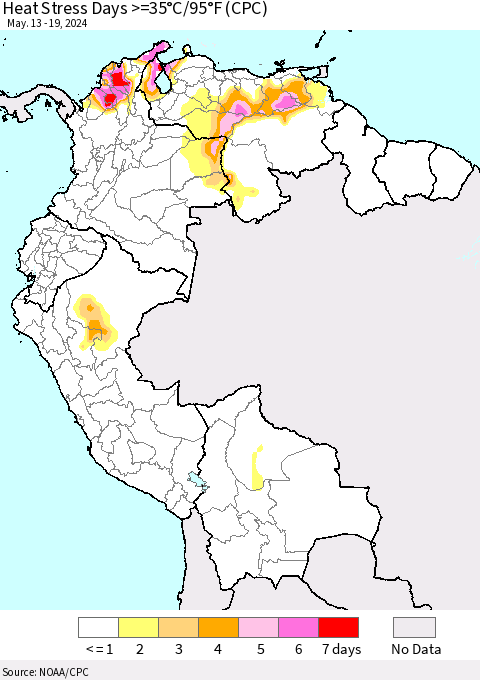 Northern South America Heat Stress Days >=35°C/95°F (CPC) Thematic Map For 5/13/2024 - 5/19/2024