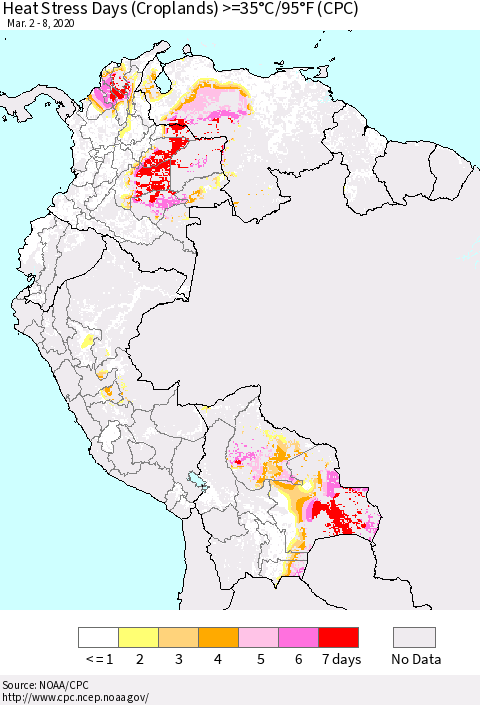 Northern South America Heat Stress Days (Croplands) >=35°C/95°F (CPC) Thematic Map For 3/2/2020 - 3/8/2020