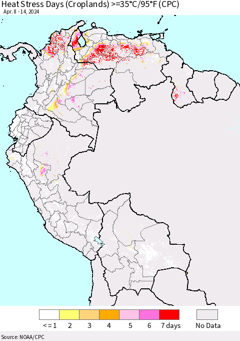 Northern South America Heat Stress Days (Croplands) >=35°C/95°F (CPC) Thematic Map For 4/8/2024 - 4/14/2024