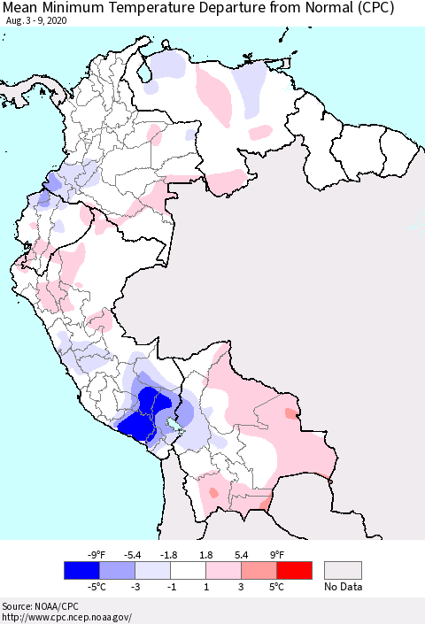 Northern South America Minimum Temperature Departure From Normal (CPC) Thematic Map For 8/3/2020 - 8/9/2020