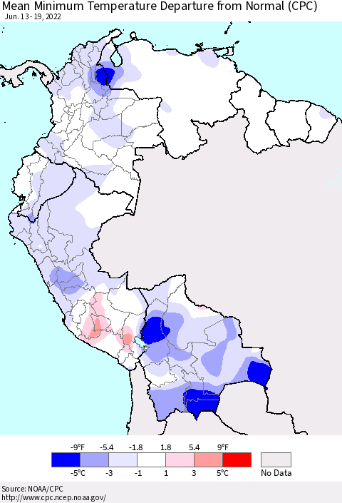 Northern South America Minimum Temperature Departure From Normal (CPC) Thematic Map For 6/13/2022 - 6/19/2022