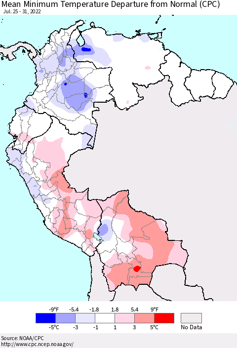 Northern South America Minimum Temperature Departure From Normal (CPC) Thematic Map For 7/25/2022 - 7/31/2022