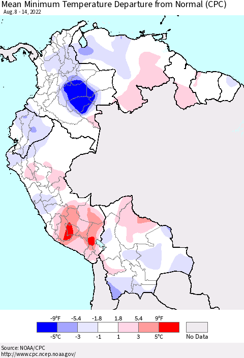 Northern South America Mean Minimum Temperature Departure from Normal (CPC) Thematic Map For 8/8/2022 - 8/14/2022