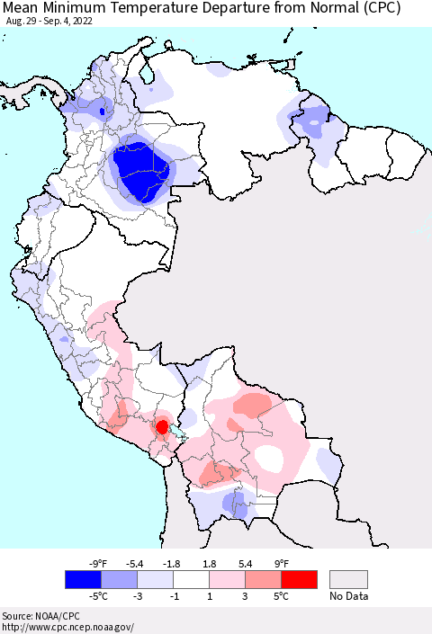 Northern South America Mean Minimum Temperature Departure from Normal (CPC) Thematic Map For 8/29/2022 - 9/4/2022