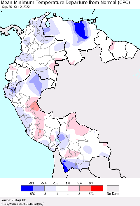 Northern South America Mean Minimum Temperature Departure from Normal (CPC) Thematic Map For 9/26/2022 - 10/2/2022