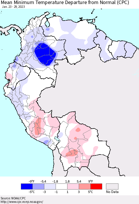 Northern South America Mean Minimum Temperature Departure from Normal (CPC) Thematic Map For 1/23/2023 - 1/29/2023