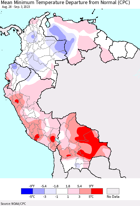 Northern South America Mean Minimum Temperature Departure from Normal (CPC) Thematic Map For 8/28/2023 - 9/3/2023