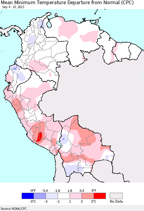Northern South America Mean Minimum Temperature Departure from Normal (CPC) Thematic Map For 9/4/2023 - 9/10/2023