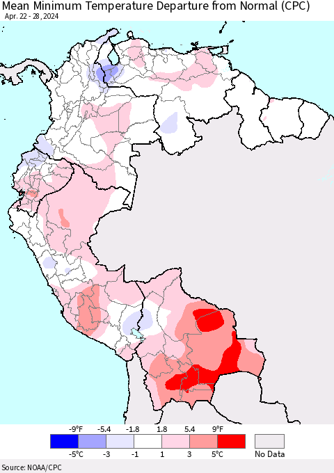 Northern South America Mean Minimum Temperature Departure from Normal (CPC) Thematic Map For 4/22/2024 - 4/28/2024