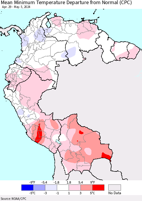Northern South America Mean Minimum Temperature Departure from Normal (CPC) Thematic Map For 4/29/2024 - 5/5/2024
