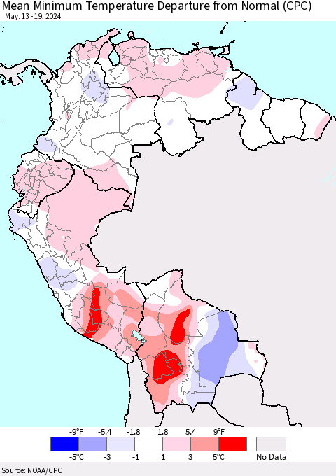 Northern South America Mean Minimum Temperature Departure from Normal (CPC) Thematic Map For 5/13/2024 - 5/19/2024
