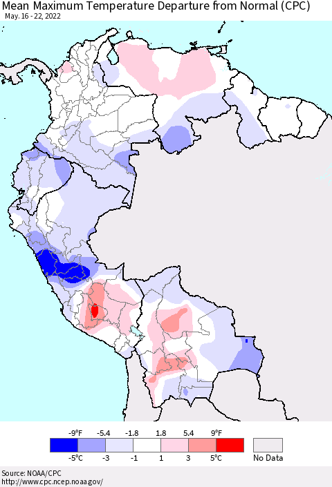 Northern South America Maximum Temperature Departure From Normal (CPC) Thematic Map For 5/16/2022 - 5/22/2022