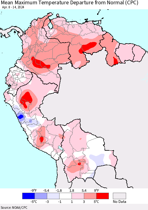 Northern South America Mean Maximum Temperature Departure from Normal (CPC) Thematic Map For 4/8/2024 - 4/14/2024