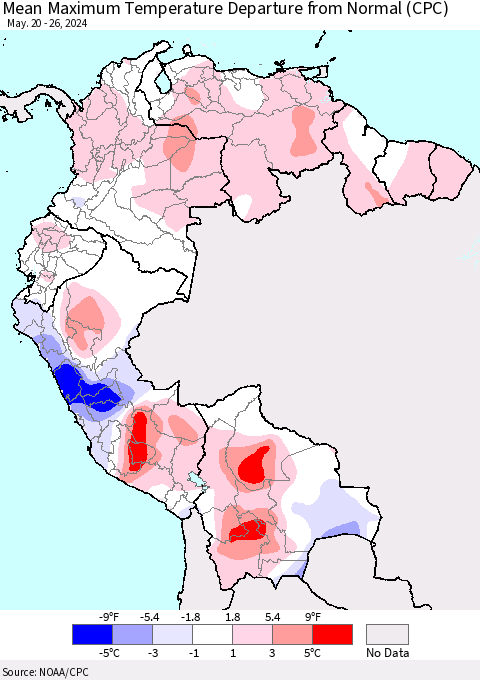 Northern South America Mean Maximum Temperature Departure from Normal (CPC) Thematic Map For 5/20/2024 - 5/26/2024