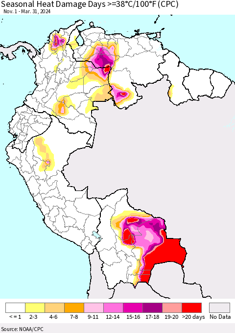 Northern South America Seasonal Heat Damage Days >=38°C/100°F (CPC) Thematic Map For 11/1/2023 - 3/31/2024