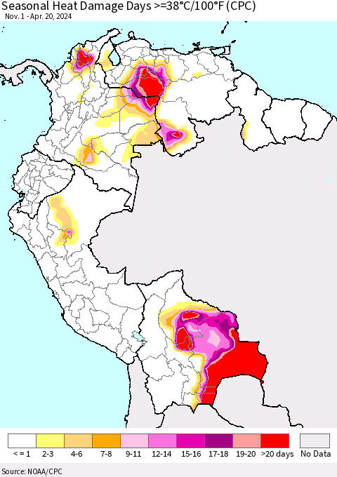 Northern South America Seasonal Heat Damage Days >=38°C/100°F (CPC) Thematic Map For 11/1/2023 - 4/20/2024