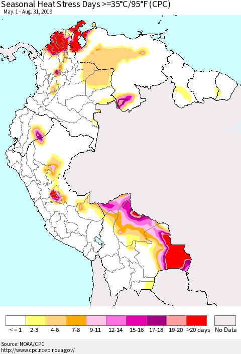 Northern South America Seasonal Heat Stress Days >=35°C/95°F (CPC) Thematic Map For 5/1/2019 - 8/31/2019