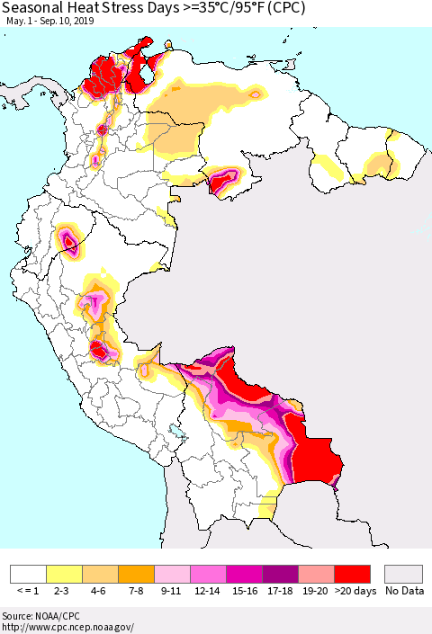 Northern South America Seasonal Heat Stress Days >=35°C/95°F (CPC) Thematic Map For 5/1/2019 - 9/10/2019