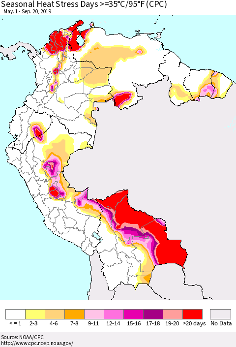 Northern South America Seasonal Heat Stress Days >=35°C/95°F (CPC) Thematic Map For 5/1/2019 - 9/20/2019
