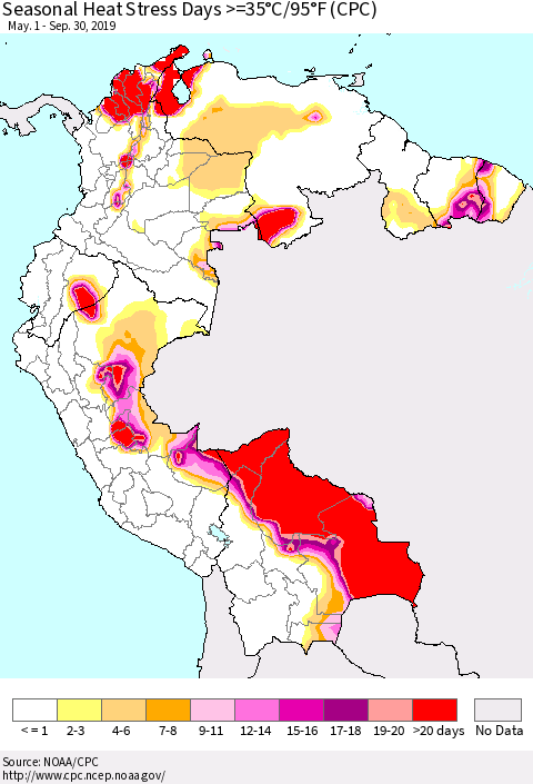 Northern South America Seasonal Heat Stress Days >=35°C/95°F (CPC) Thematic Map For 5/1/2019 - 9/30/2019